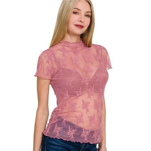 Zenana Lace See-through Layering Short Sleeve Top - Picture 1 of 3